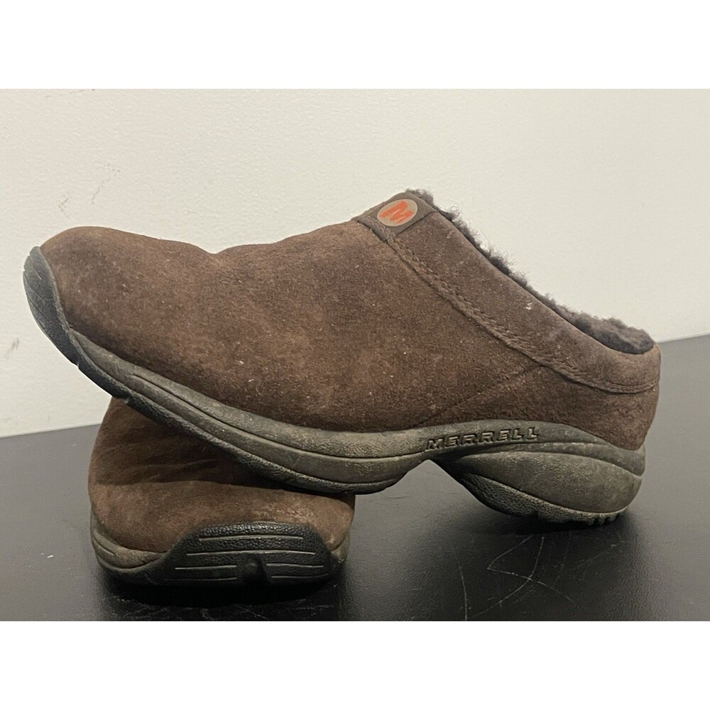 Merrell Womens Primo Chill Slide Mules Shoes Brown Suede Faux Fur Lined Low 8.5